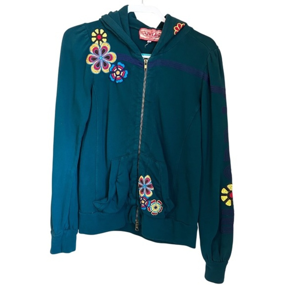 Johnny Was Vintage‎ Y2k Green Embroidered Full Zip Hoodie Size M Freedom Flower